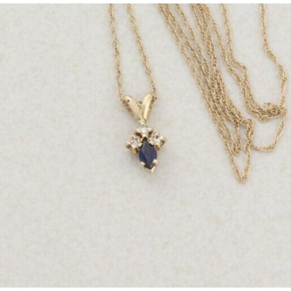 14k Yellow Gold Natural Blue Sapphire and Diamond Necklace 18 inch 1 mm